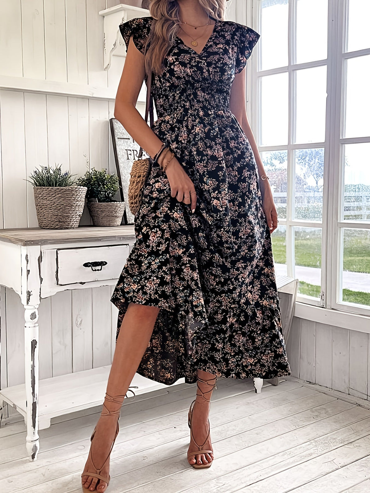 Ruffle-Sleeve A-Line Dress, Elastic Waist