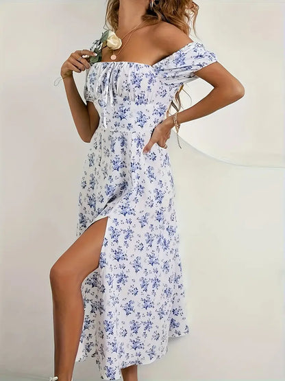 Floral Puff-Sleeve A-Line Wedding Guest Dress