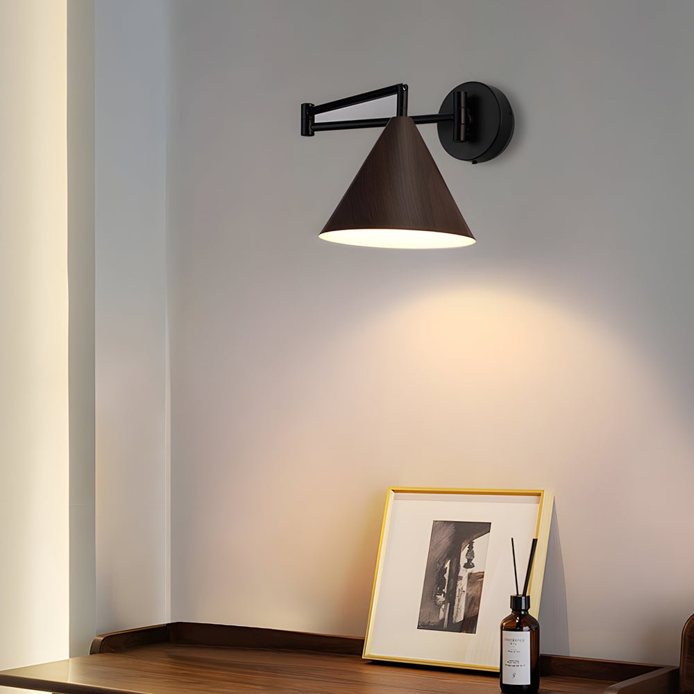 Cone Shaped Swing Arm Wall Sconces - 1 - Light Wood Wall Mount Light