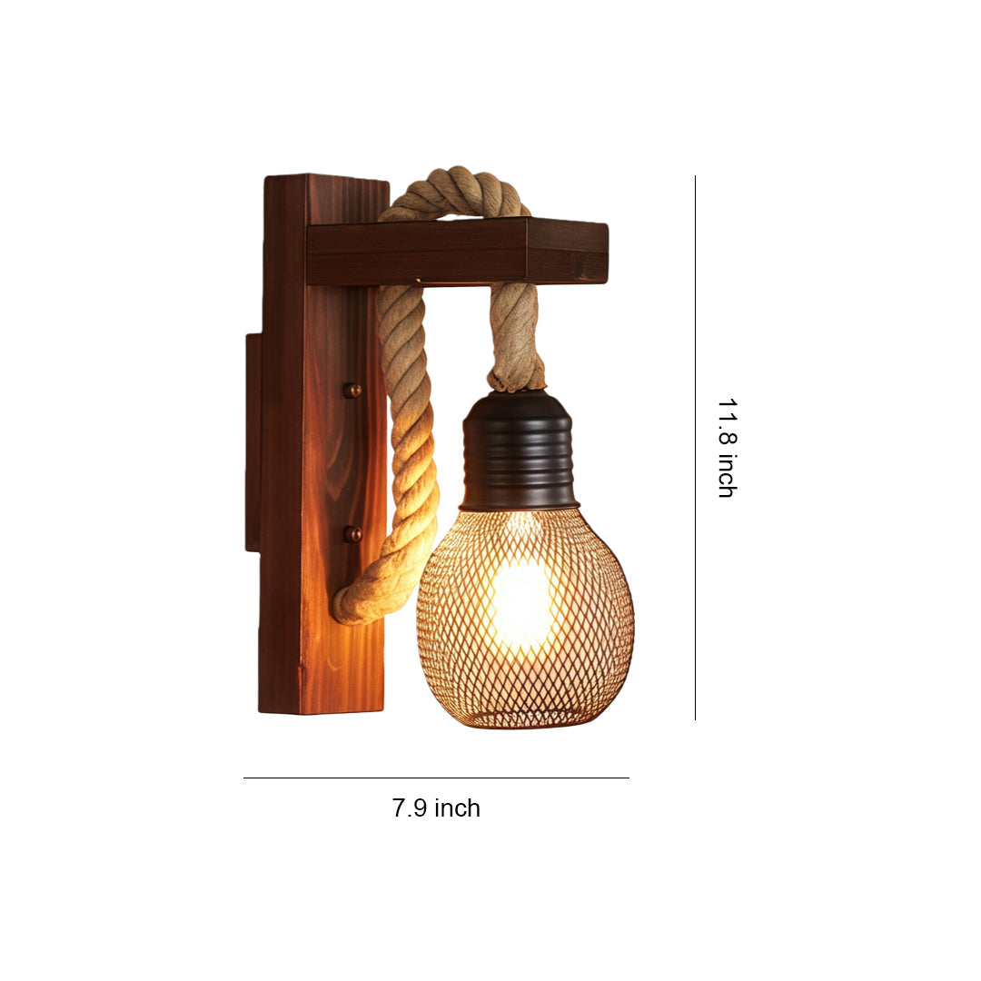 Dimensional diagram of the dark brown stained wood rustic wall light with rope accent, showing its 7.9-inch width and 11.8-inch height.