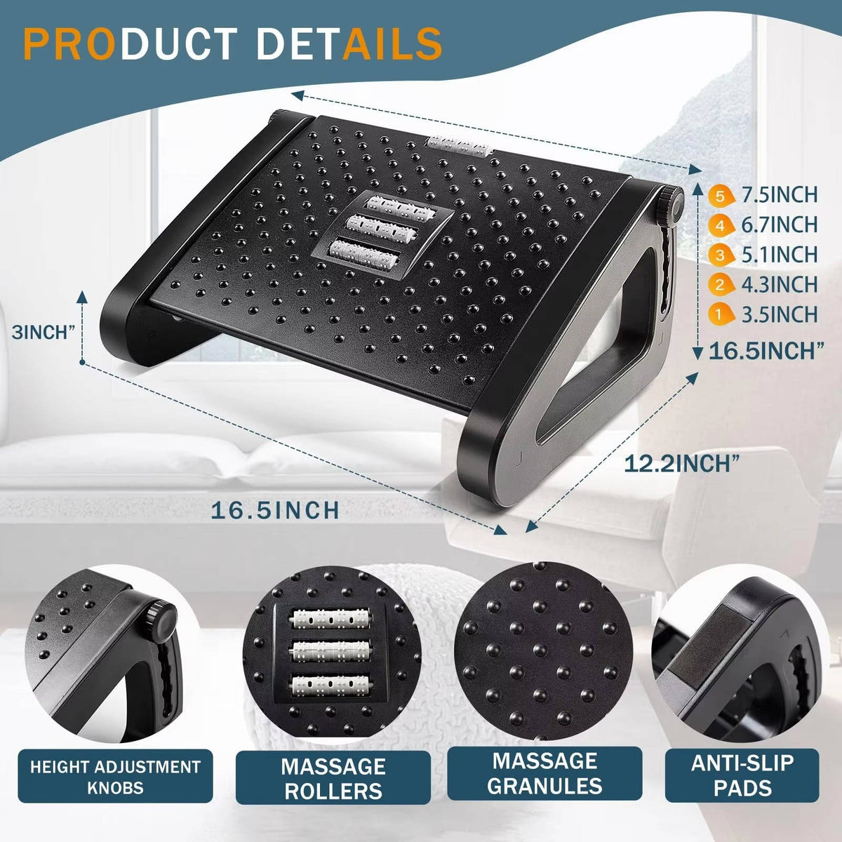 Adjustable Height Foot Rest with Rolling Massage