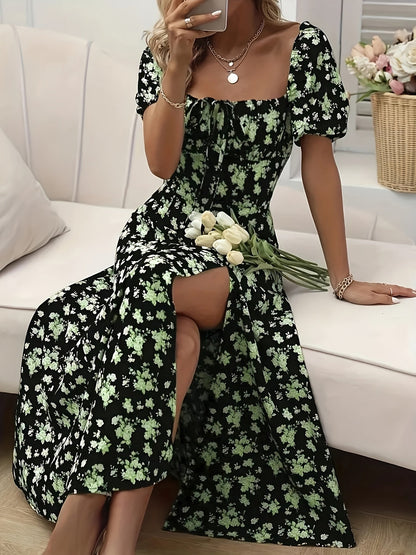 Floral Puff-Sleeve A-Line Wedding Guest Dress