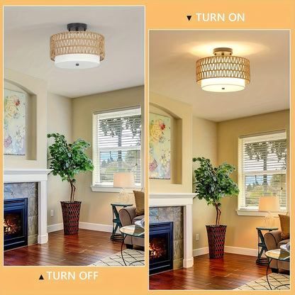 Woven Rattan Ceiling Light with Linen Glow