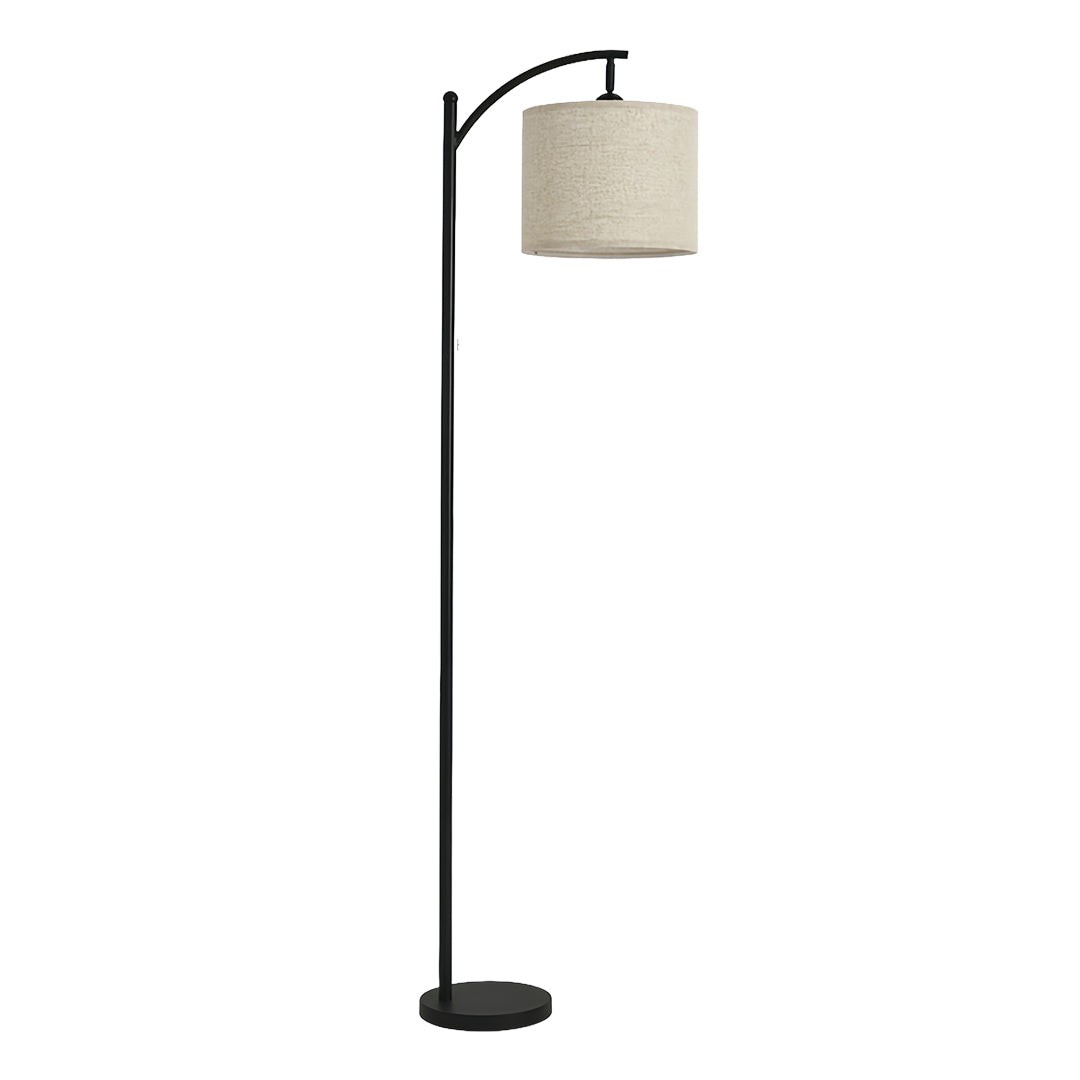 Modern small black pendant light featuring elegant arc design with cream fabric shade and black base