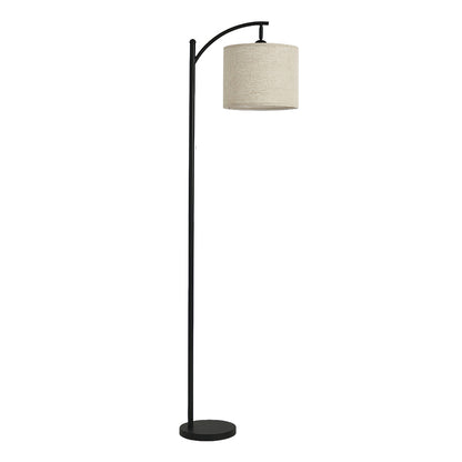 Modern small black pendant light featuring elegant arc design with cream fabric shade and black base