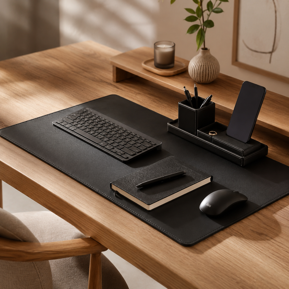 Minimalist leather desk mat in a warm workspace