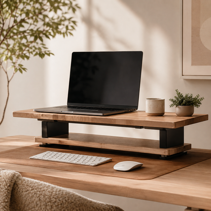Modular desk riser in a warm minimalist workspace