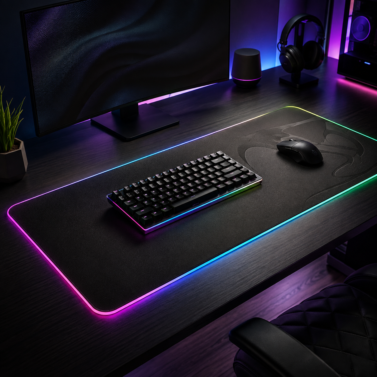 RGB wireless mouse pad in a gaming desk setup