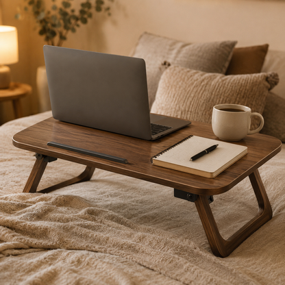 Overbed lap desk in a cozy bedroom workspace