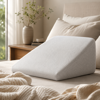 Wedge pillow in a cozy neutral bedroom