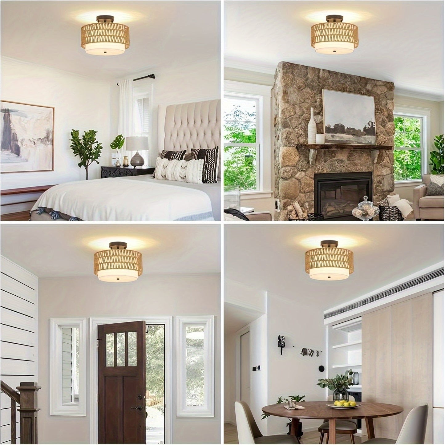 Woven Rattan Ceiling Light with Linen Glow