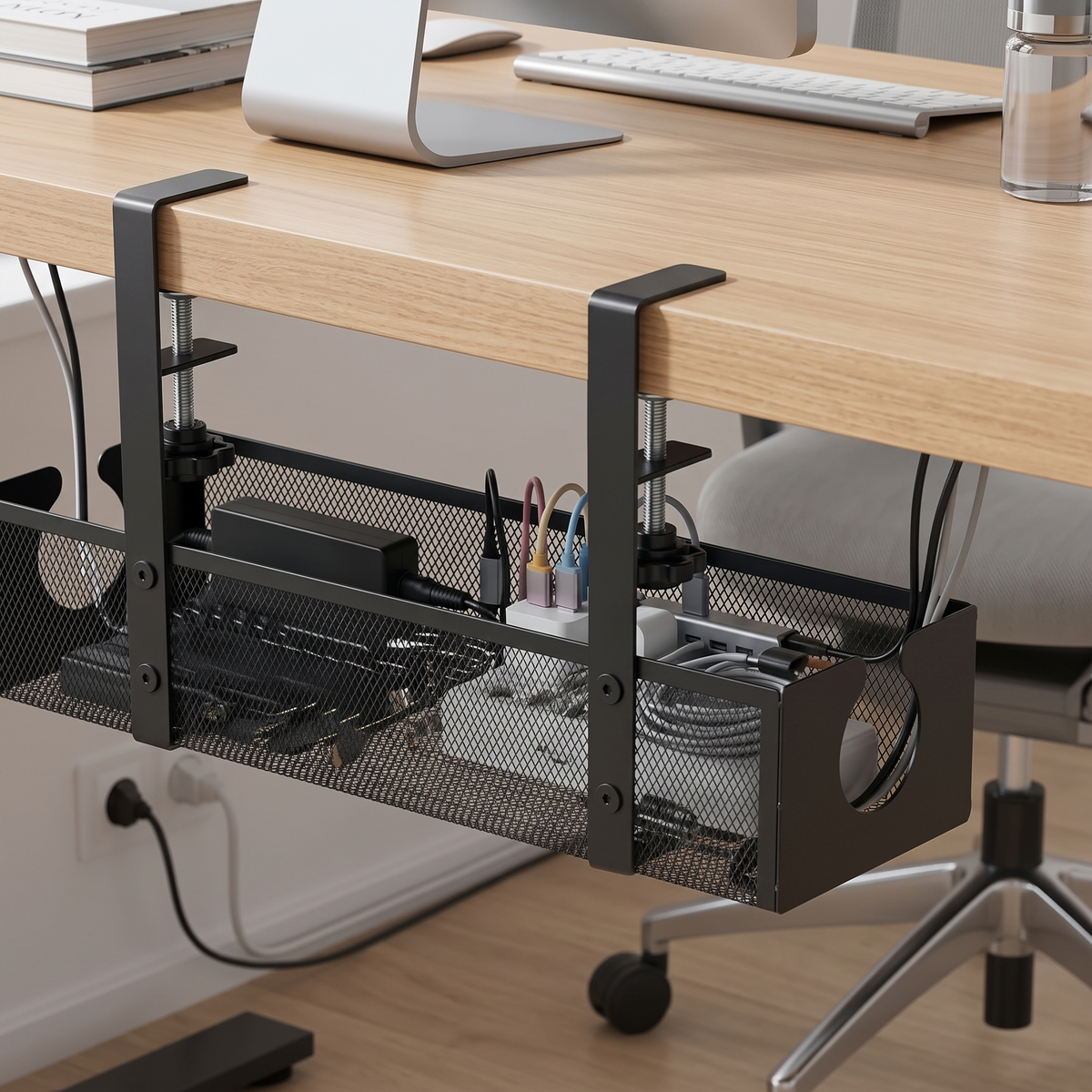 Ergové Under-Desk Cable Management Tray No-Drill Metal — in use