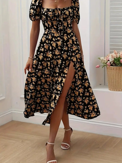 Floral Puff-Sleeve A-Line Wedding Guest Dress