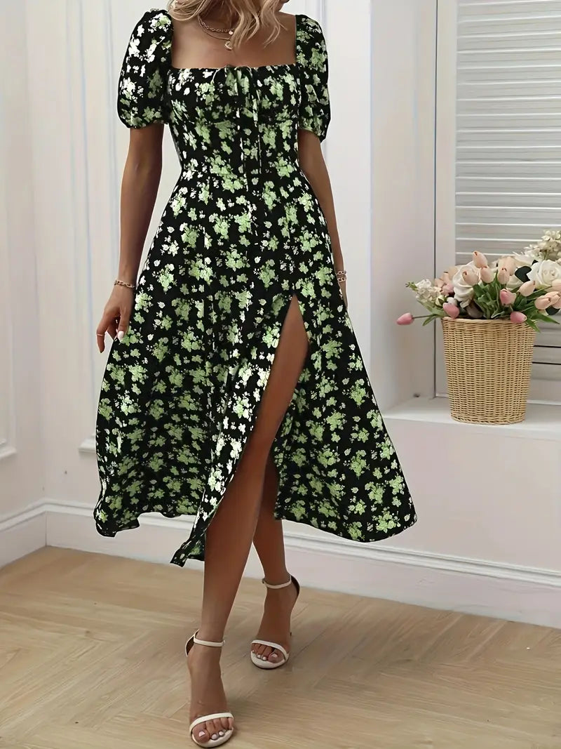Floral Puff-Sleeve A-Line Wedding Guest Dress