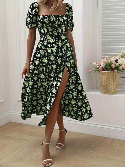 Floral Puff-Sleeve A-Line Wedding Guest Dress
