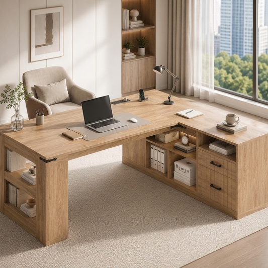 L-Shaped Oak Executive Desk lifestyle