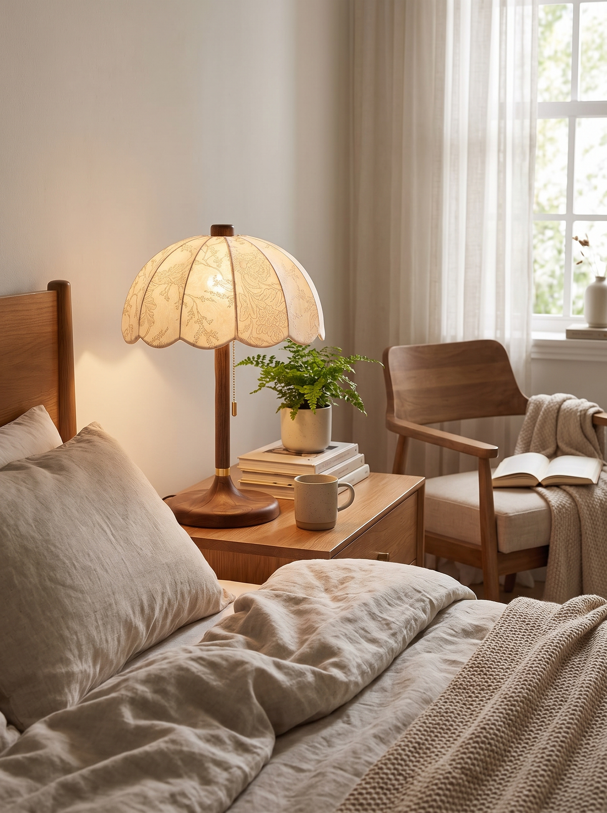 Modern Fabric Shade and Wooden Base Table Lamp lifestyle image 1