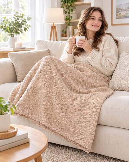 Woman under a beige waffle-knit heated throw blanket on a sofa