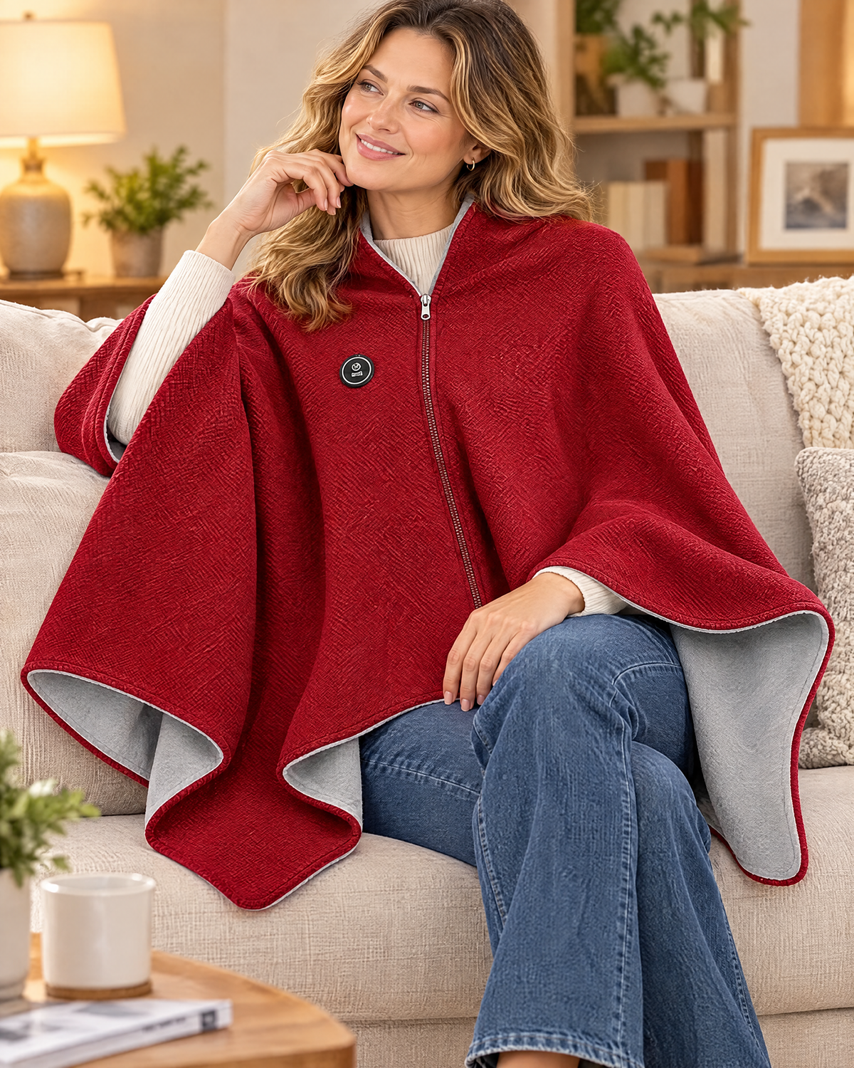 Woman wearing a wine red heated cape shawl