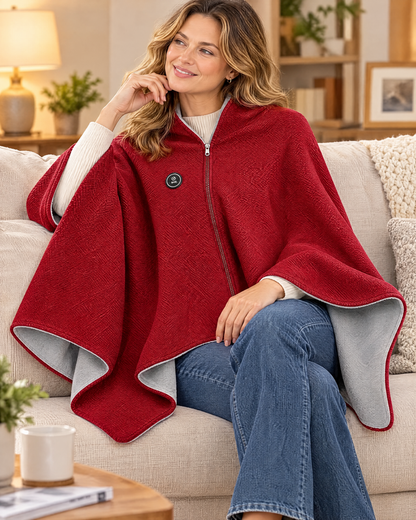 Woman wearing a wine red heated cape shawl