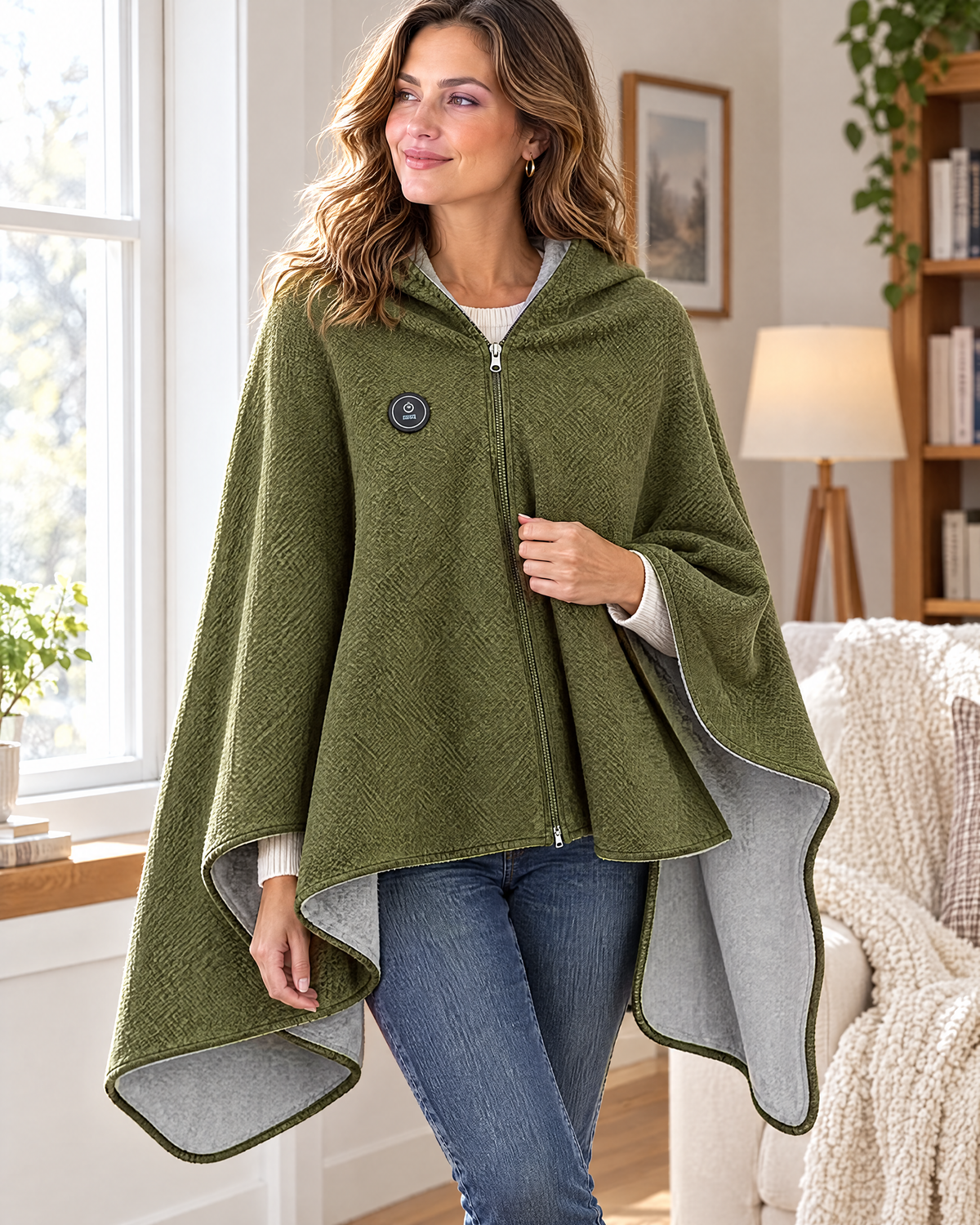 Woman wearing an olive green heated cape shawl