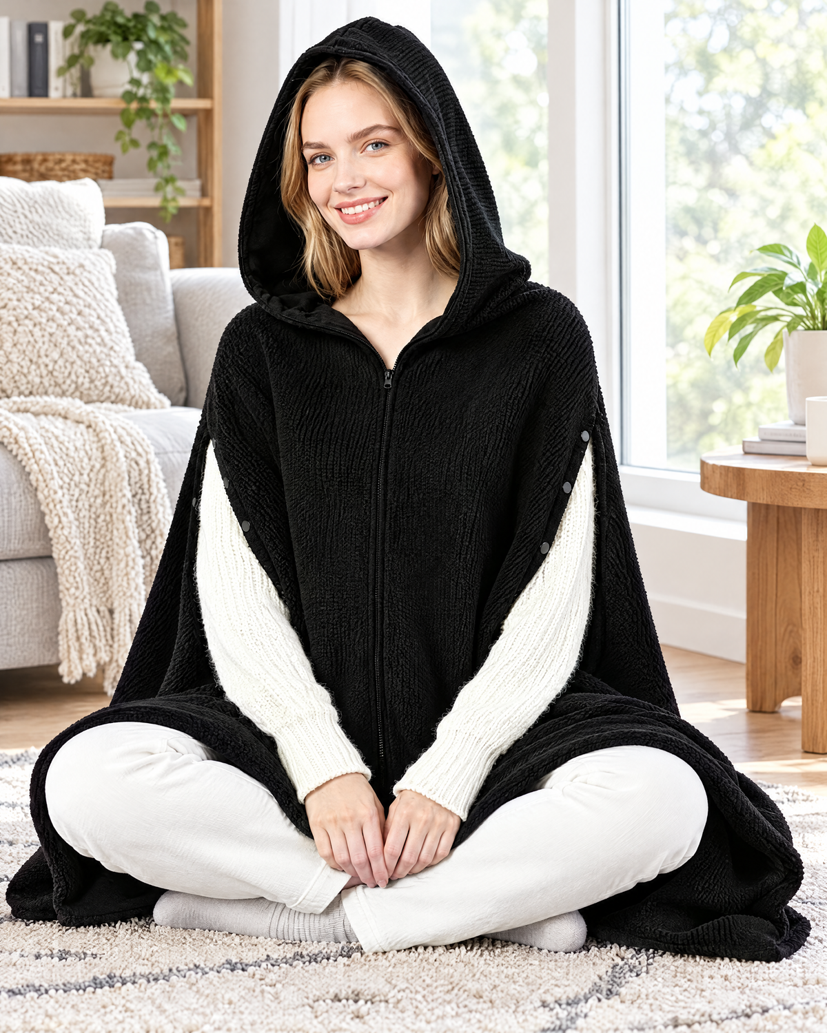 Woman wearing a black heated hooded wearable blanket shawl
