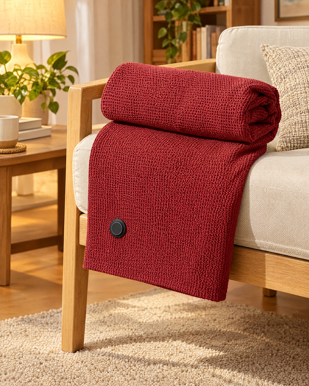 Red waffle-knit heated throw blanket folded over an armchair