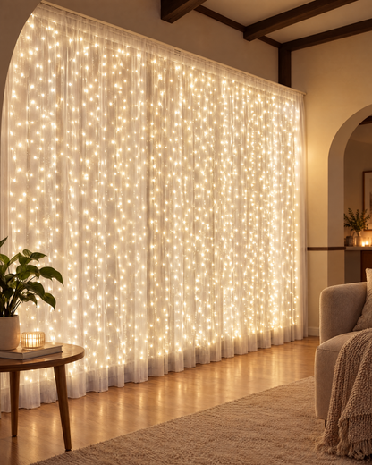 Warm white battery LED curtain lights glowing across a window in a living room