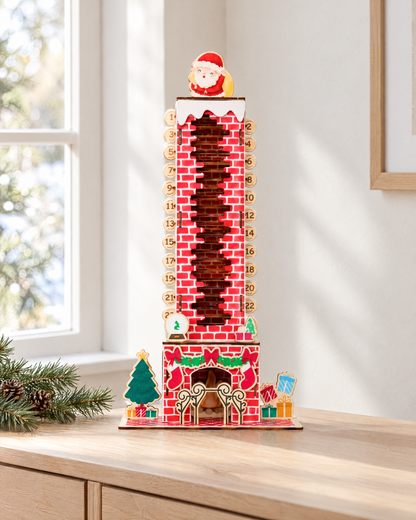 Wooden fireplace advent calendar with Santa on top, shown on a console table by a window