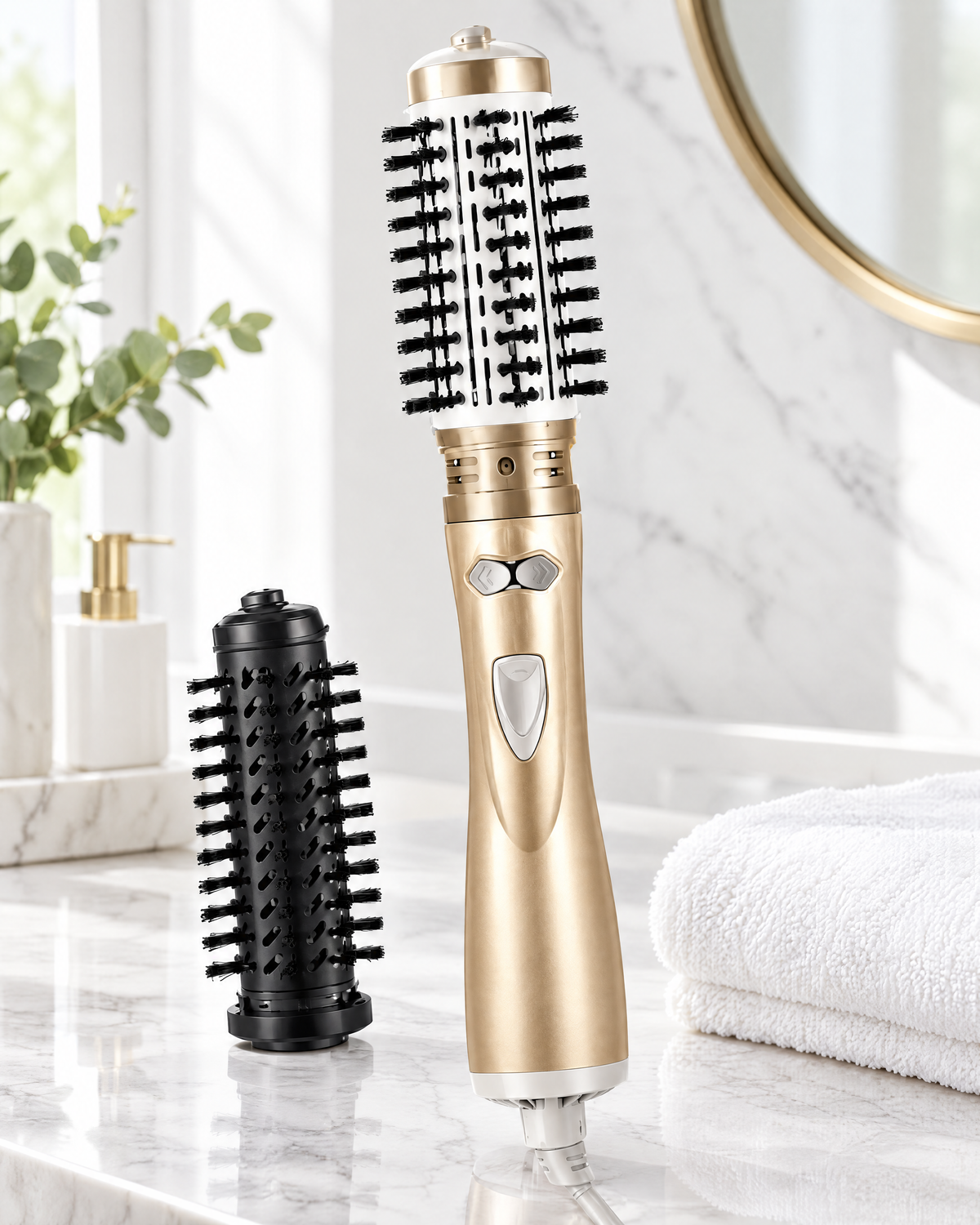 3-in-1 rotating hot air styling brush on a marble vanity