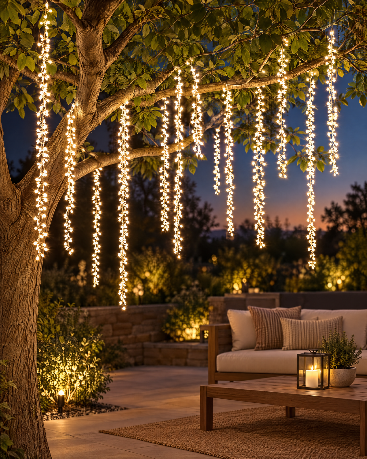 Cascading warm white LED waterfall lights hanging from a tree branch at dusk