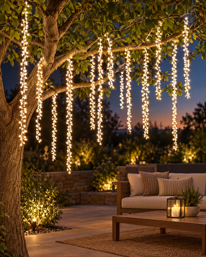 Cascading warm white LED waterfall lights hanging from a tree branch at dusk