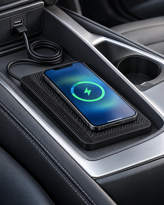 Anti-slip car charging pad in a car console with a phone charging