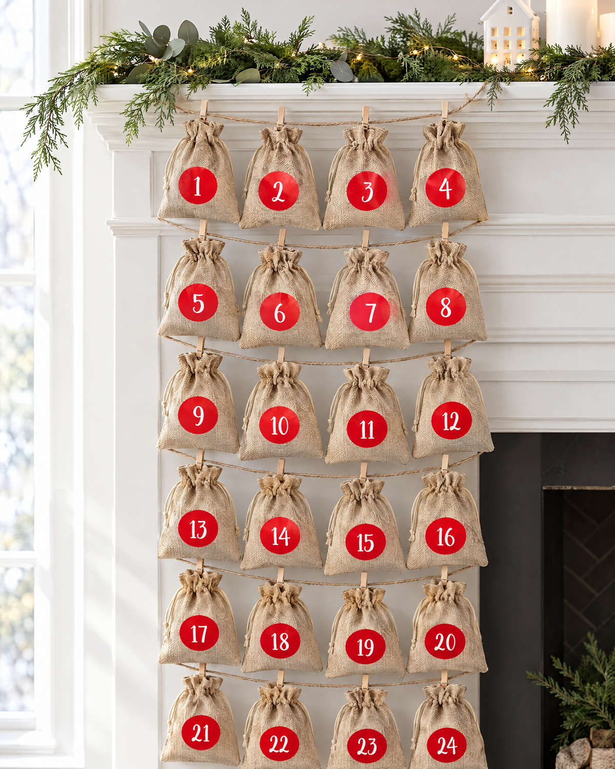 Burlap advent calendar bags numbered 1 to 24 hanging from twine across a mantel