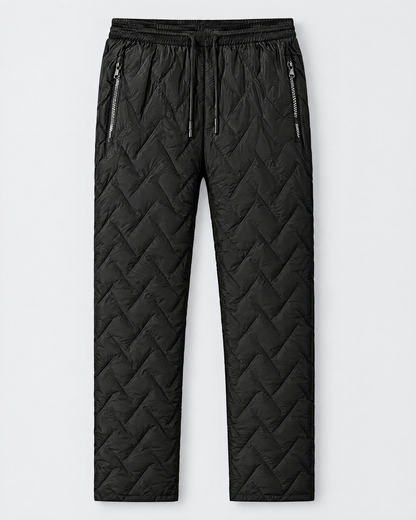 Black quilted USB heated hiking pants, front view