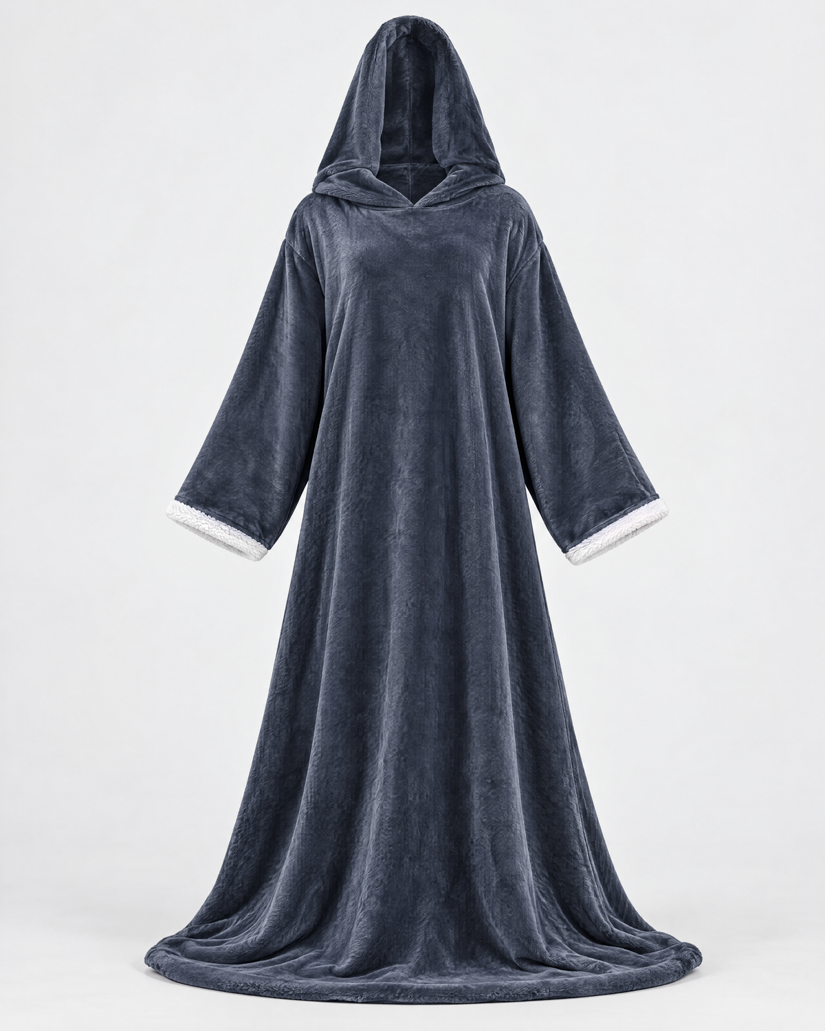 Slate blue-grey hooded wearable heated blanket robe with sleeves, front view