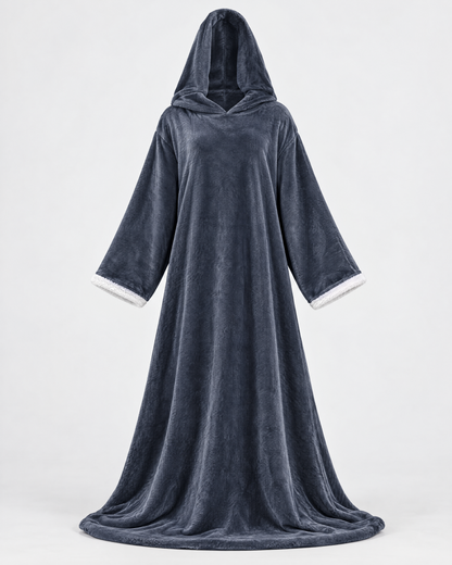 Slate blue-grey hooded wearable heated blanket robe with sleeves, front view