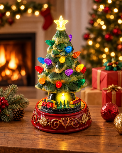 Lighted ceramic Christmas village tree with a train base by a fireplace