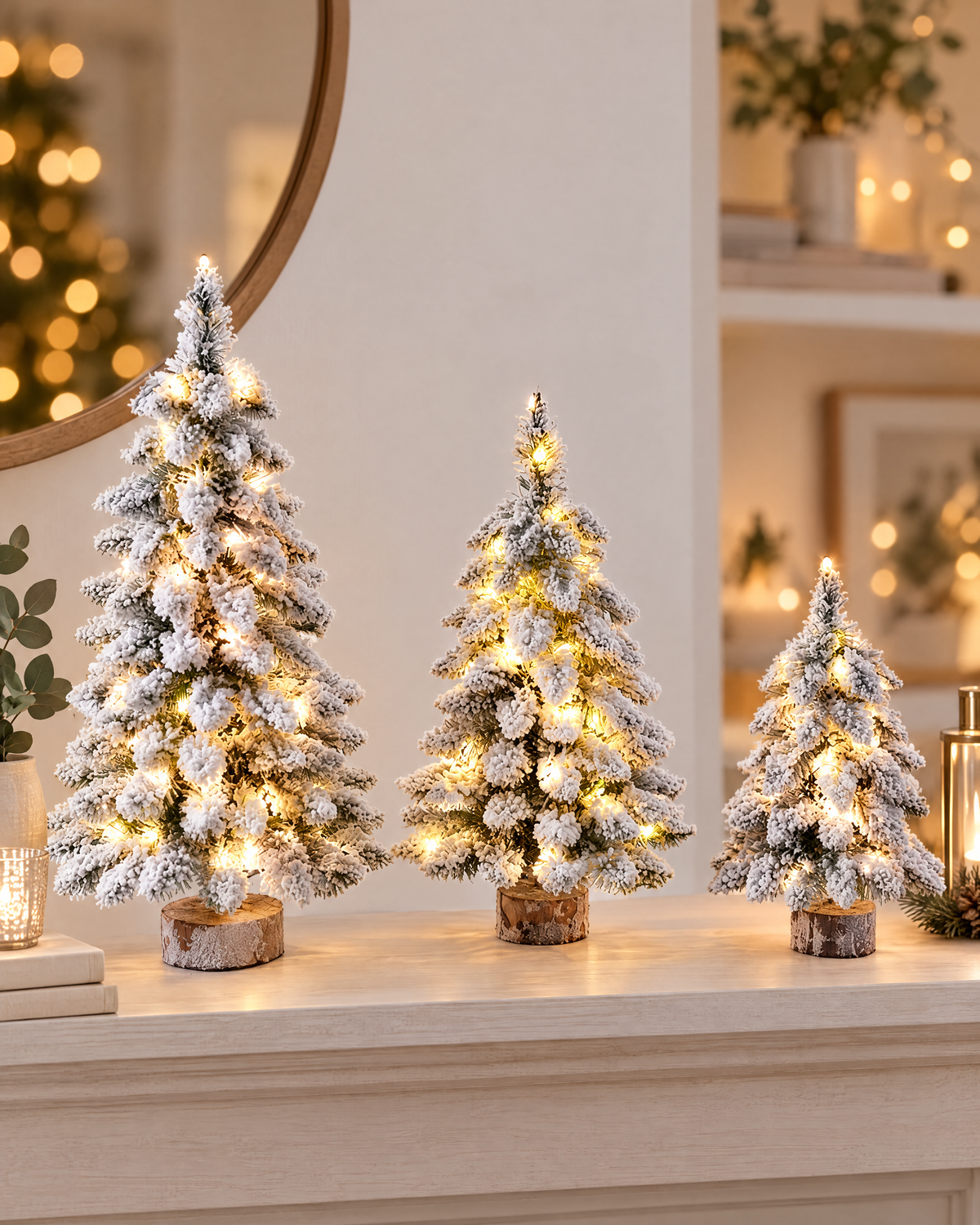 Snow flocked tabletop Christmas trees with warm LED lights on a mantel