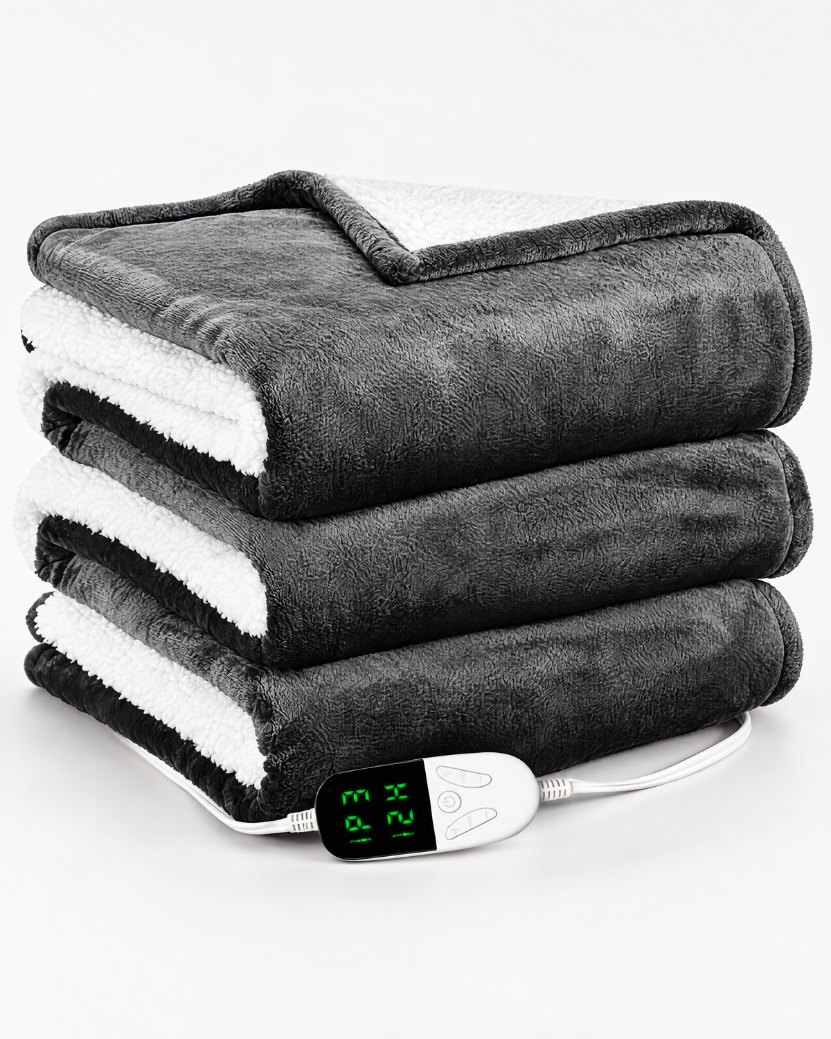 Folded dark grey electric heated throw blanket with its digital controller