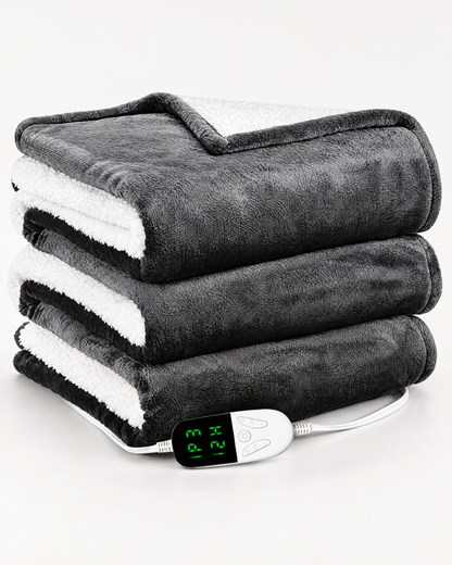 Folded dark grey electric heated throw blanket with its digital controller