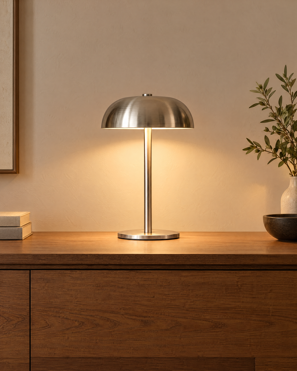Cordless mushroom-shade table lamp glowing warm on a sideboard