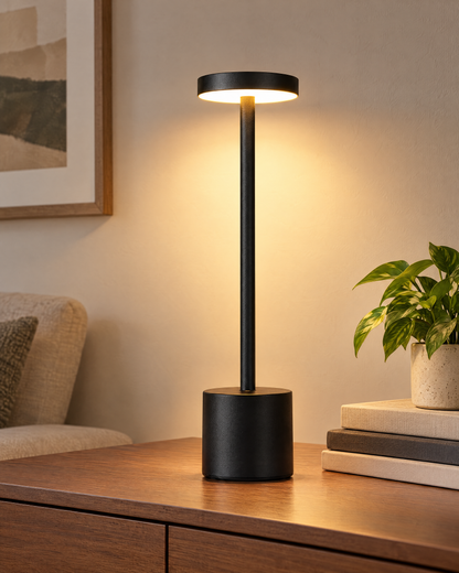 Slim black cordless touch table lamp glowing warm on a wooden sideboard