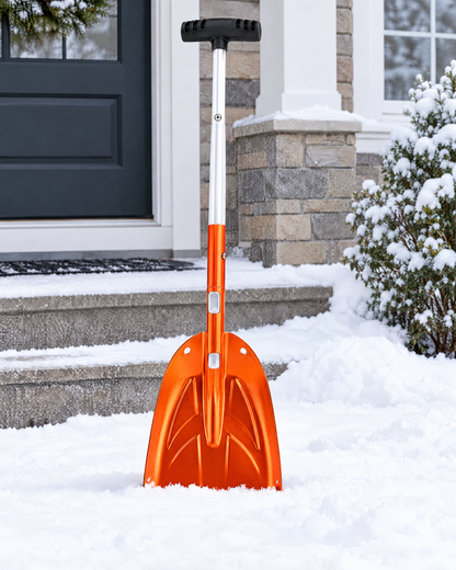 Orange telescopic aluminum snow shovel standing in snow by a front door