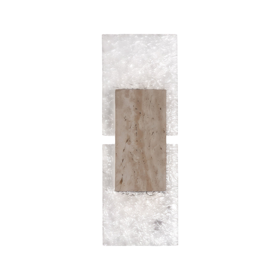 Indoor wall sconce up and down light product view featuring decorative stone and textured diffuser design.