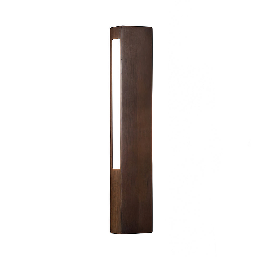 Isolated view of the dark stained wood Japanese wall light with a vertical LED strip, highlighting its simple minimalist design.