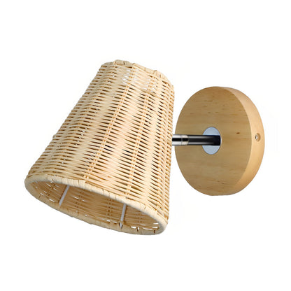 Japanese wall light with a rattan lampshade, displayed from the side to show its elegant and simple design.
