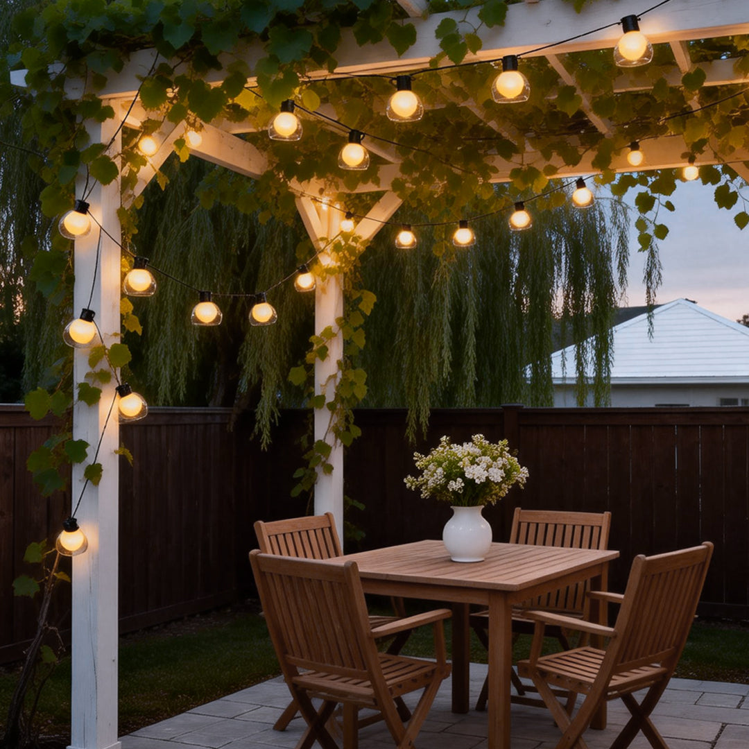 LED globe string lights hanging over a pergola dining area, creating a warm and inviting backyard atmosphere at night.
