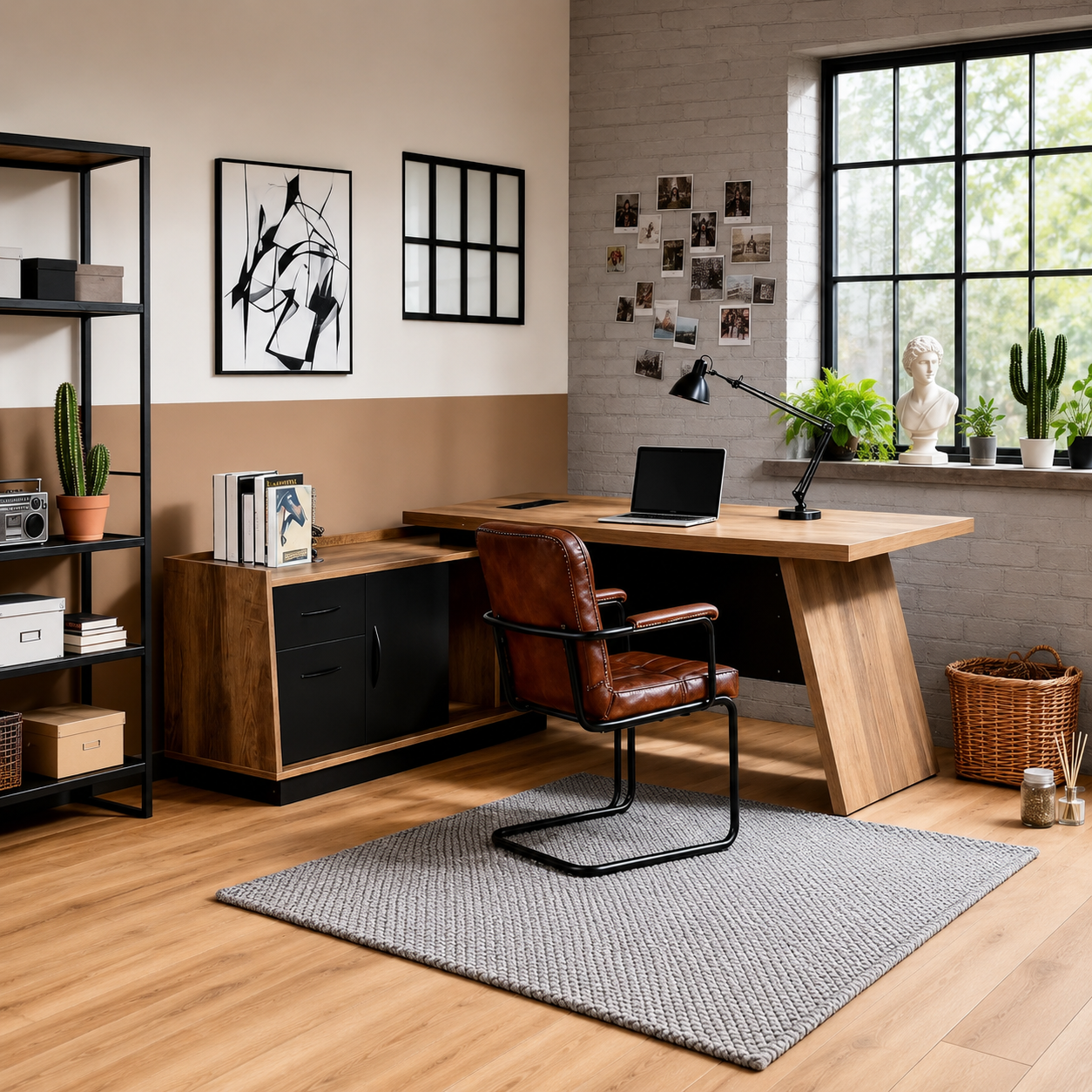 Executive L-Shaped Wooden Office Desk with Storage Cabinet