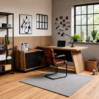 Executive L-Shaped Wooden Office Desk with Storage Cabinet